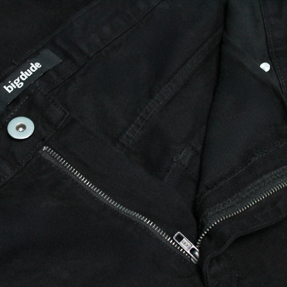 "Men’s black regular fit denim jeans with straight-leg design, zip fly, button closure, and 7 reinforced belt loops for secure hold."