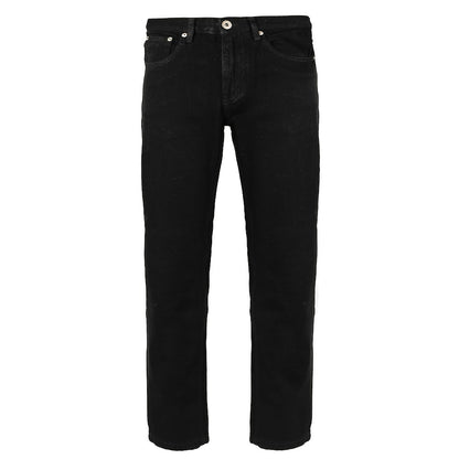 "Men’s black regular fit denim jeans with straight-leg design, zip fly, button closure, and 7 reinforced belt loops for secure hold."