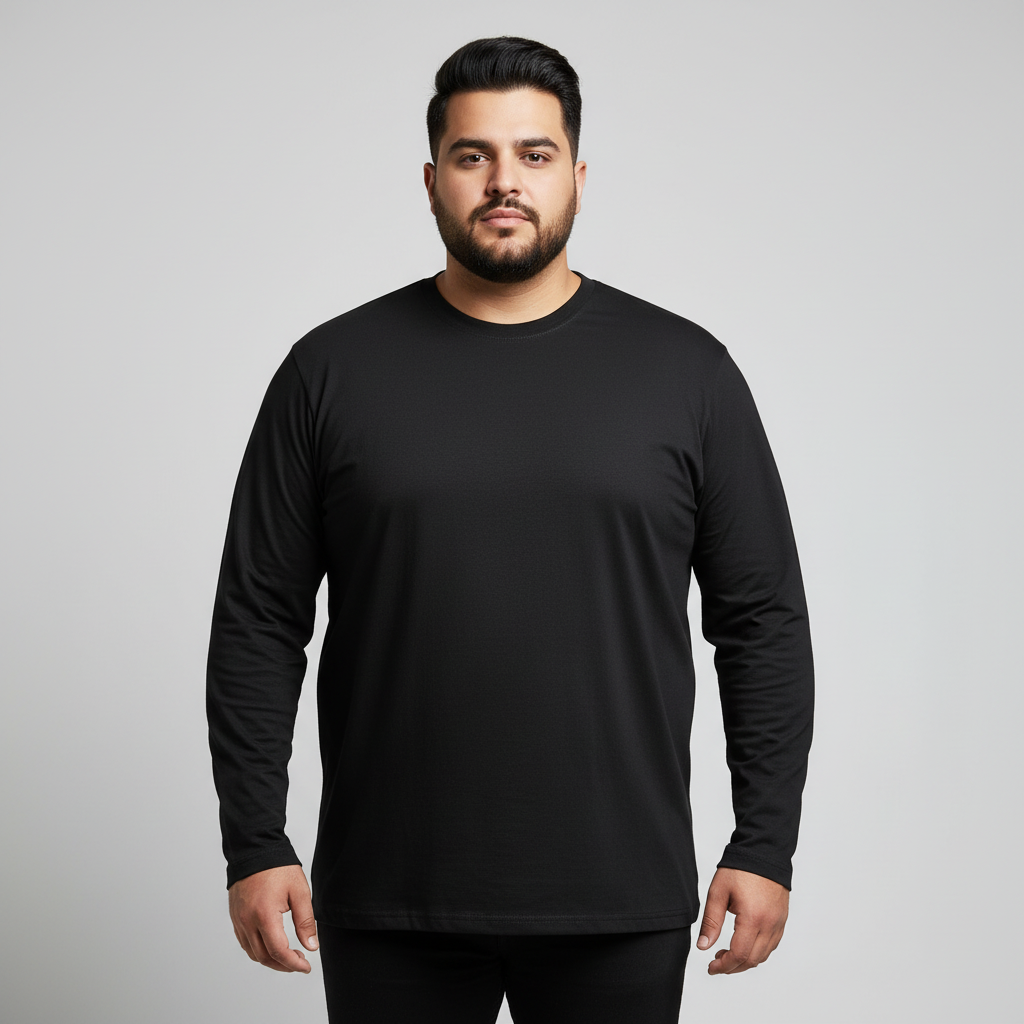 Black plus size jersey long sleeve t-shirt for men in soft cotton fabric, relaxed comfortable fit, full sleeves, crew neck style, ideal for everyday casual wear.