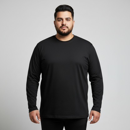 Black plus size jersey long sleeve t-shirt for men in soft cotton fabric, relaxed comfortable fit, full sleeves, crew neck style, ideal for everyday casual wear.
