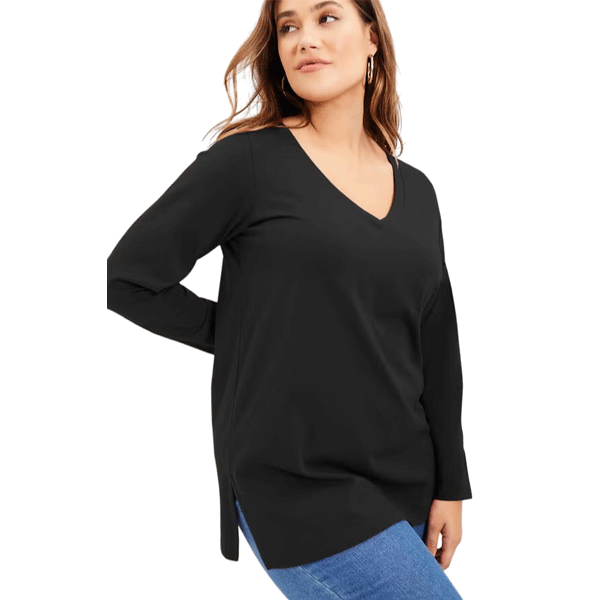 Black Long-Sleeve V-Neck Tunic – Soft Cotton Knit with Stretch