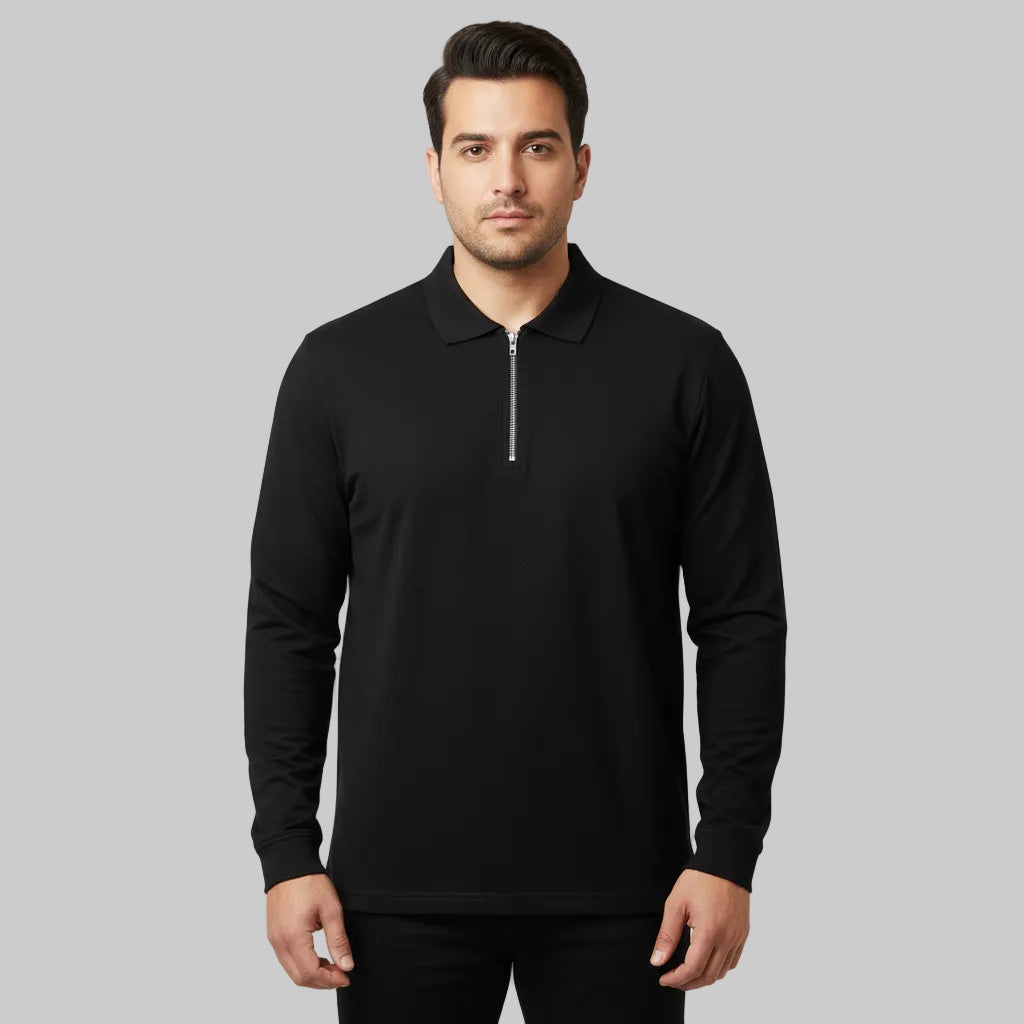Black long sleeve half-zip polo shirt with front zipper and classic collar shown in front view