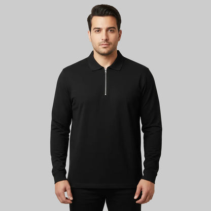 Black long sleeve half-zip polo shirt with front zipper and classic collar shown in front view