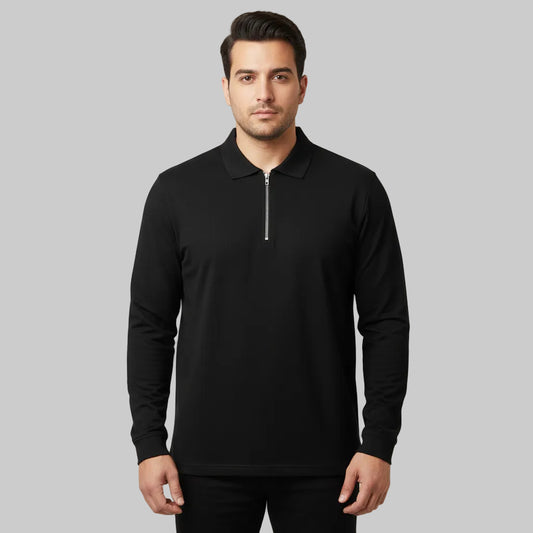 Black long sleeve half-zip polo shirt with front zipper and classic collar shown in front view