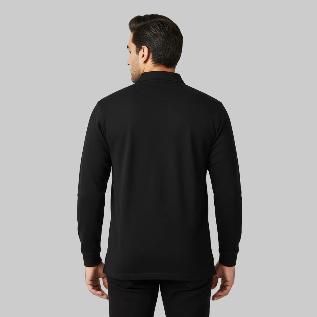 Black long sleeve half-zip polo shirt with front zipper and classic collar shown in front view
