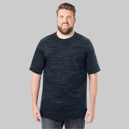 Plus-size Pakistani male model wearing black marl crewneck T-shirt on a clean studio background, relaxed fit.