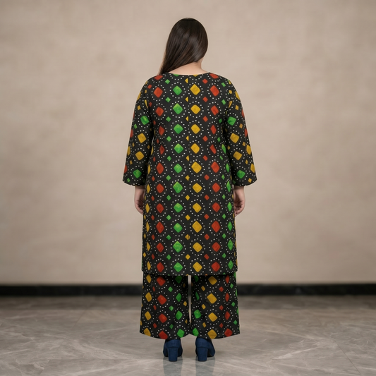 Woman wearing a colorful patterned outfit with a neutral background