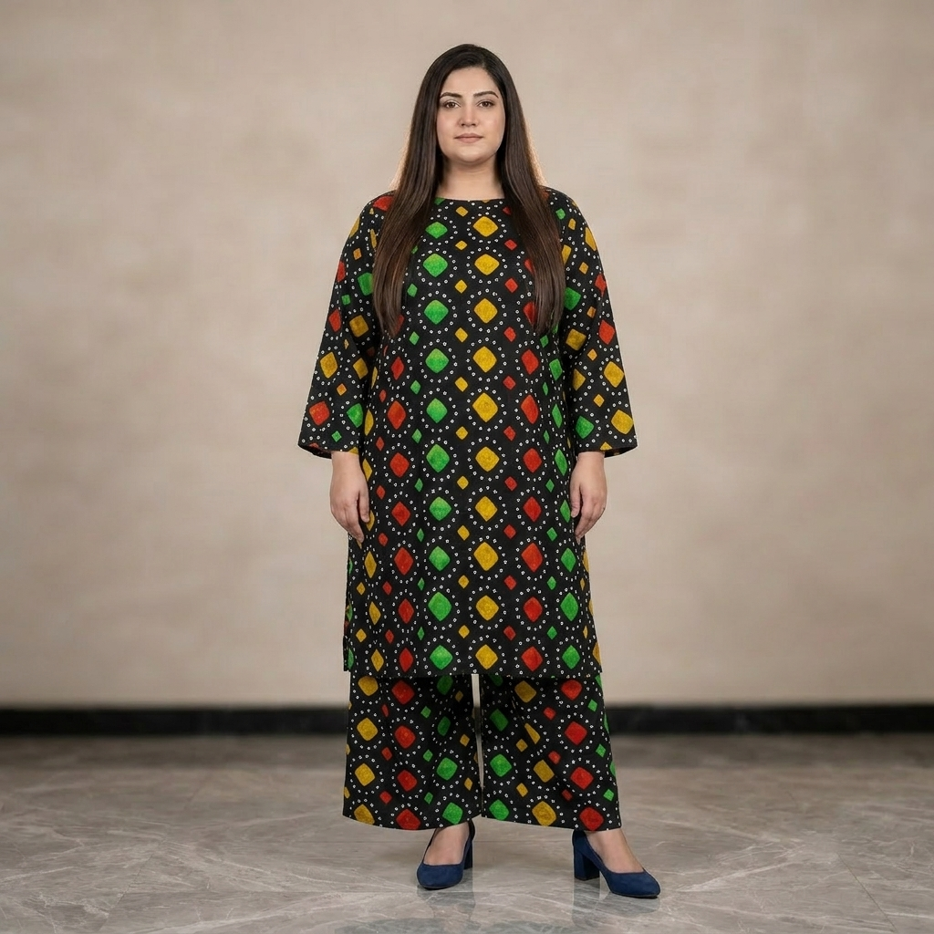 Woman wearing a black dress with colorful geometric pattern on a beige background