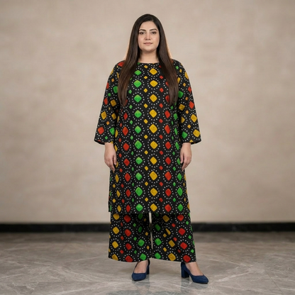 Woman wearing a black dress with colorful geometric pattern on a beige background
