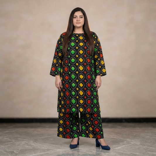 Woman wearing a black dress with colorful geometric pattern on a beige background