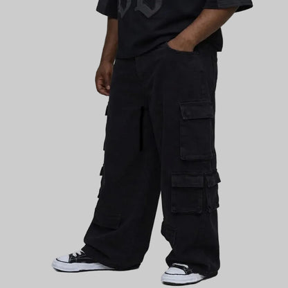 Men's black multi-pocket cargo jeans with 8 utility pockets, relaxed fit, straight-leg design, and durable fabric for everyday wear.