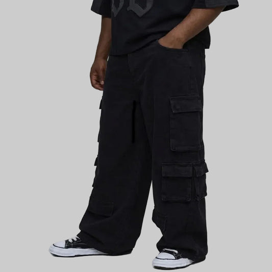 Men's black multi-pocket cargo jeans with 8 utility pockets, relaxed fit, straight-leg design, and durable fabric for everyday wear.