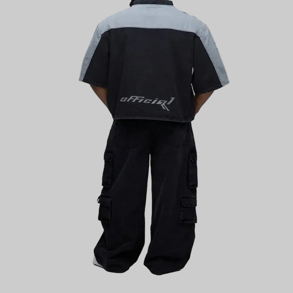 Men's black multi-pocket cargo jeans with 8 utility pockets, relaxed fit, straight-leg design, and durable fabric for everyday wear.