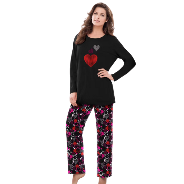 Black Multi Heart Long Sleeve Knit Pajama Set – Relaxed Cotton Sleepwear