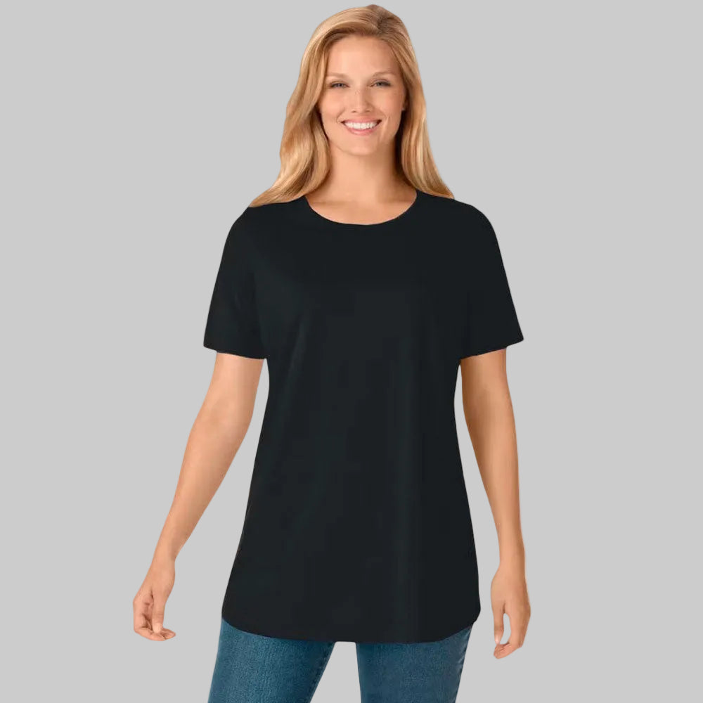Black Perfect Short-Sleeve Crewneck Tee made from soft jersey fabric with a classic crew neckline and relaxed everyday fit