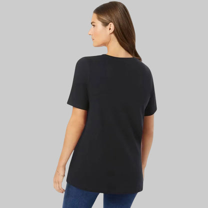 Black Perfect Short-Sleeve Crewneck Tee made from soft jersey fabric with a classic crew neckline and relaxed everyday fit