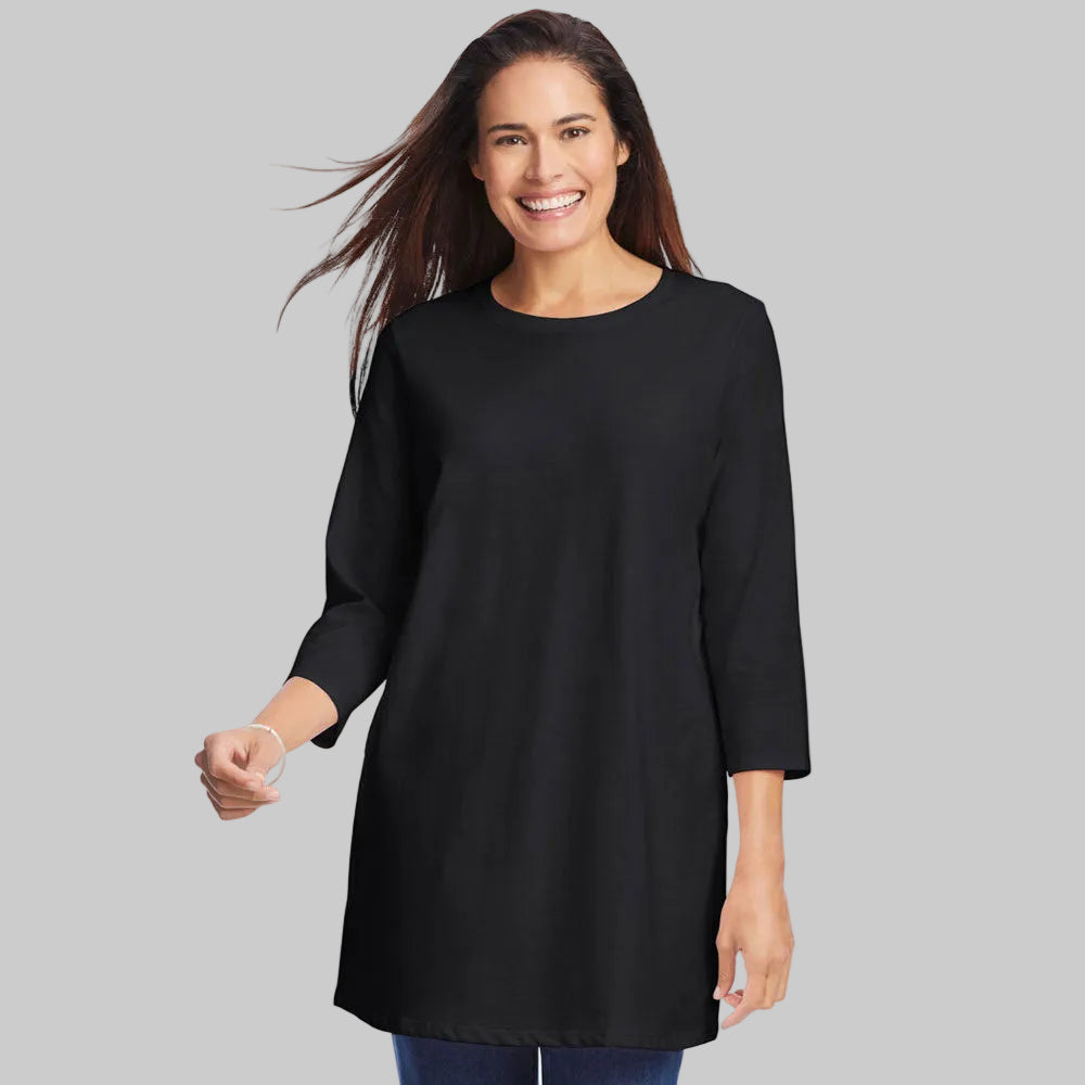 Black Perfect Three-Quarter Sleeve Crewneck T-Shirt made from soft cotton with a relaxed fit for comfortable everyday wear