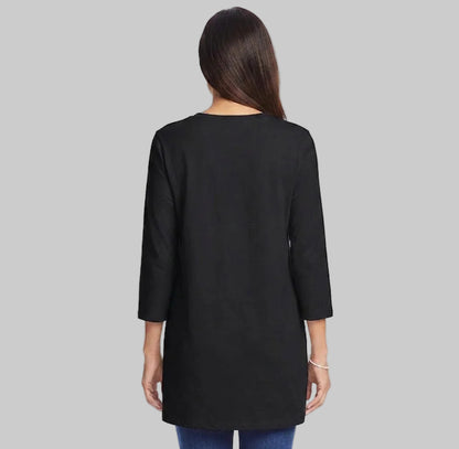 Black Perfect Three-Quarter Sleeve Crewneck T-Shirt made from soft cotton with a relaxed fit for comfortable everyday wear