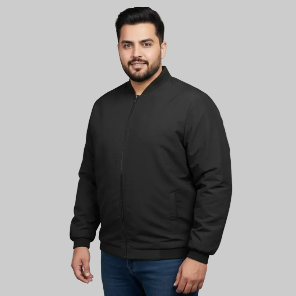 Black plus size bomber jacket with front zip closure and ribbed cuffs displayed on a plain background.