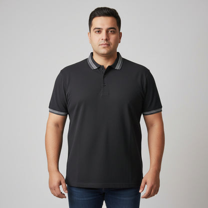 Black plus size polo shirt with grey striped collar and sleeve cuffs front view laid flat.