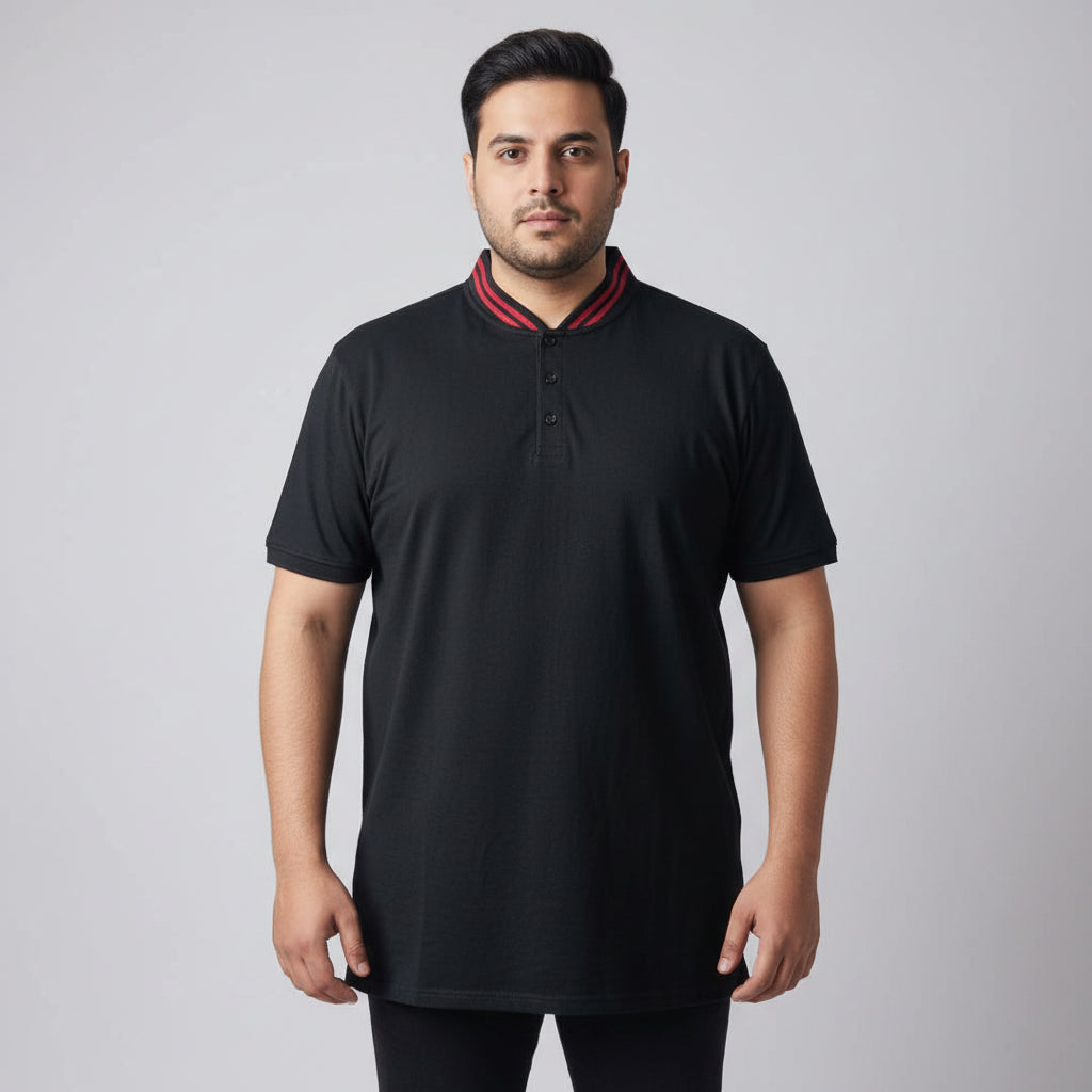 Black plus size polo shirt with red striped rib collar front view