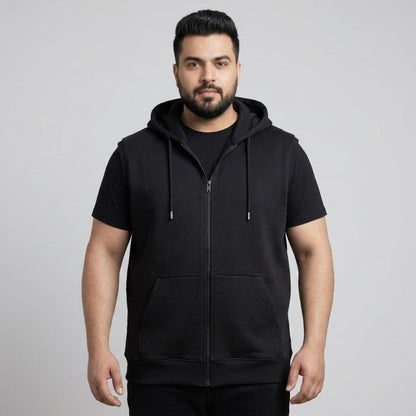 Black Plus Size Sleeveless Zip-Up Fleece Hoodie PSM-10525