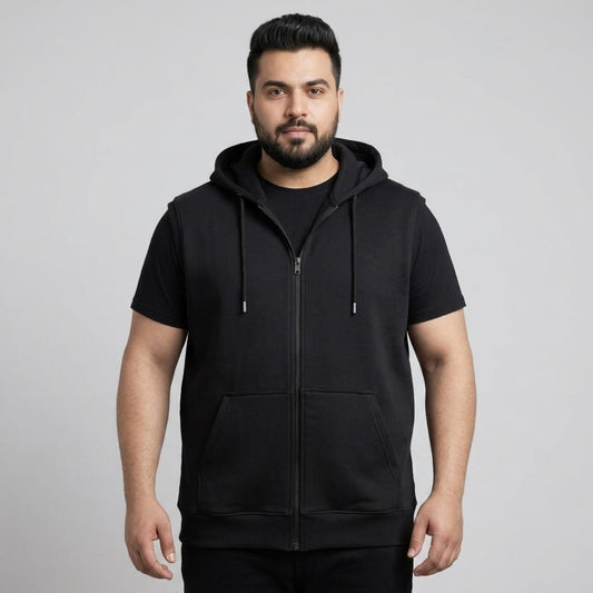 Black Plus Size Sleeveless Zip-Up Fleece Hoodie PSM-10525