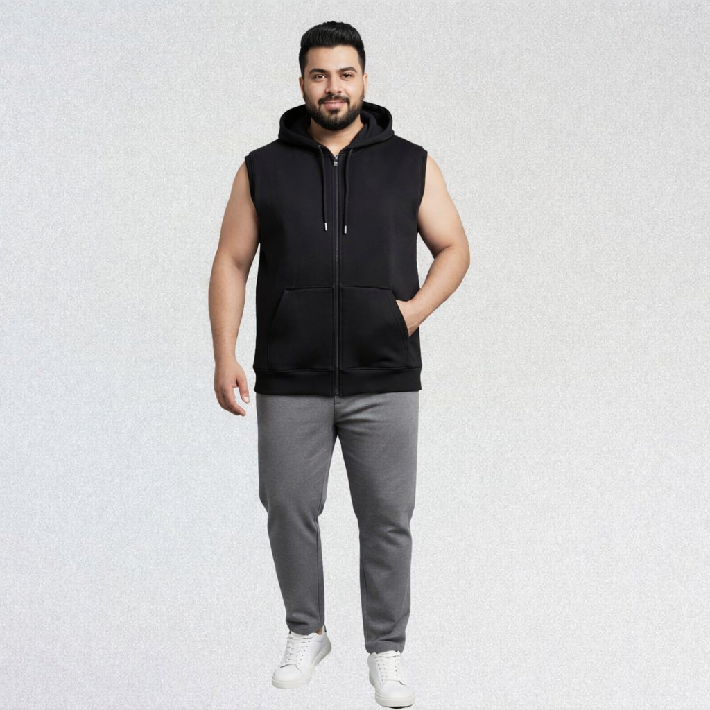 Black Plus Size Sleeveless Zip-Up Fleece Hoodie PSM-10525