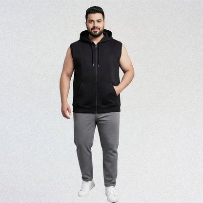 Black Plus Size Sleeveless Zip-Up Fleece Hoodie PSM-10525