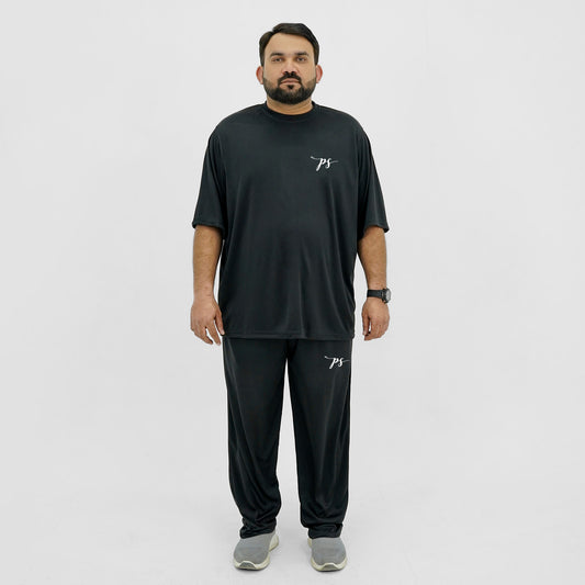 Men's black polyester plus size sportswear tracksuit with t-shirt and track pants.