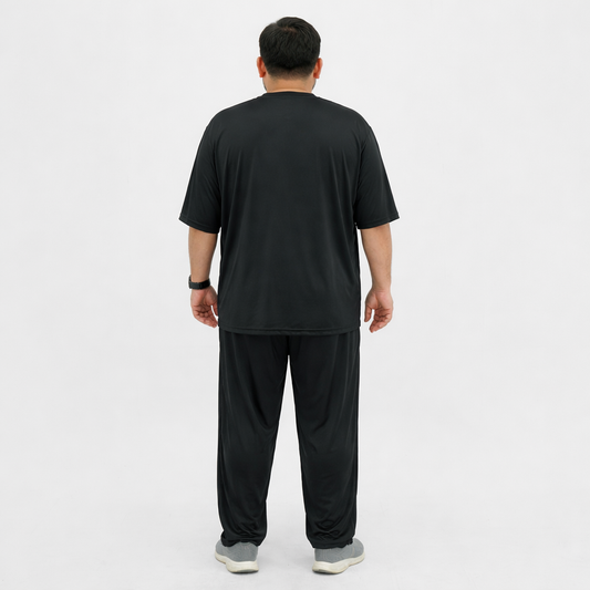 Men's black polyester plus size sportswear tracksuit with t-shirt and track pants.