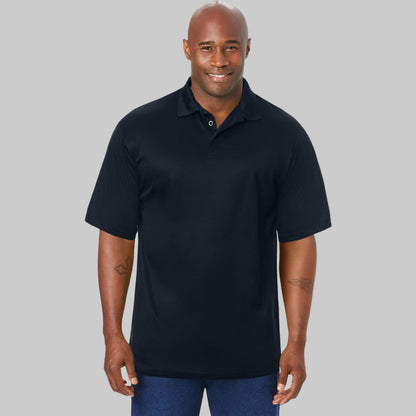 Black polyester short sleeve polo shirt with classic collar and button placket