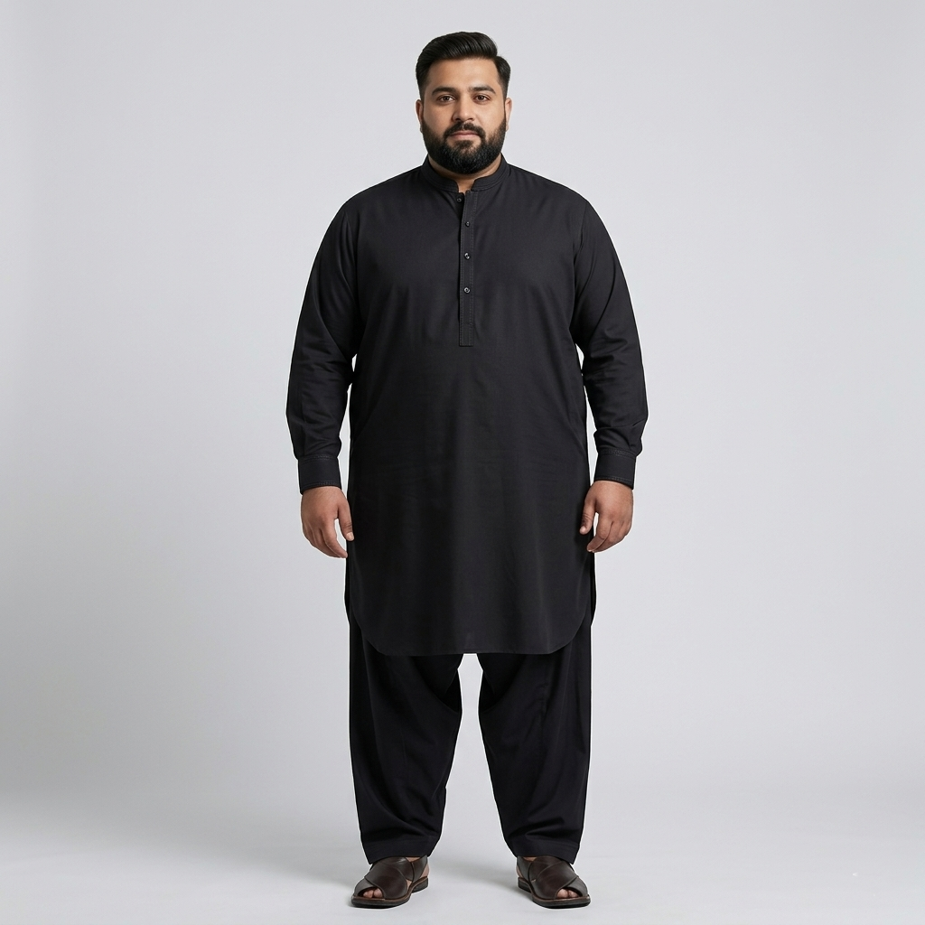 Black Premium Wash & Wear Plus Size Kurta Shalwar PSM-11198