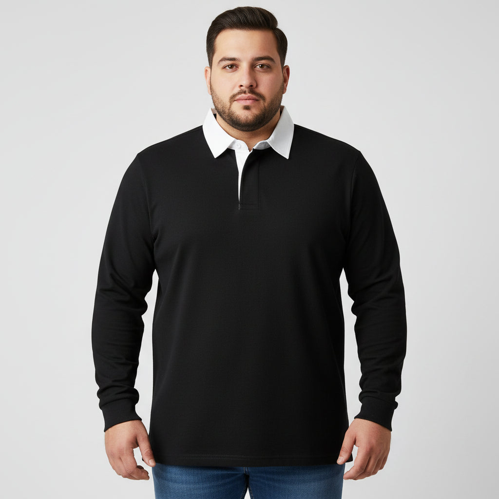 Black rugby style long sleeve polo shirt with white contrast collar and covered placket shown in front view