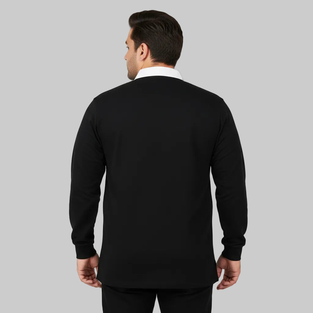 Black rugby style long sleeve polo shirt with white contrast collar and covered placket shown in front view