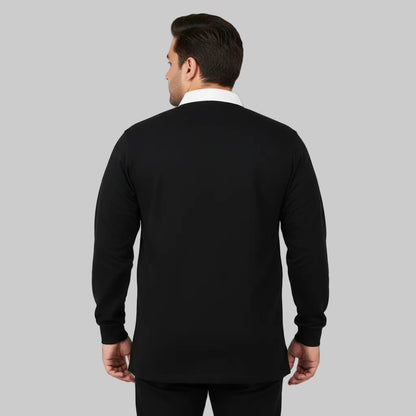 Black rugby style long sleeve polo shirt with white contrast collar and covered placket shown in front view