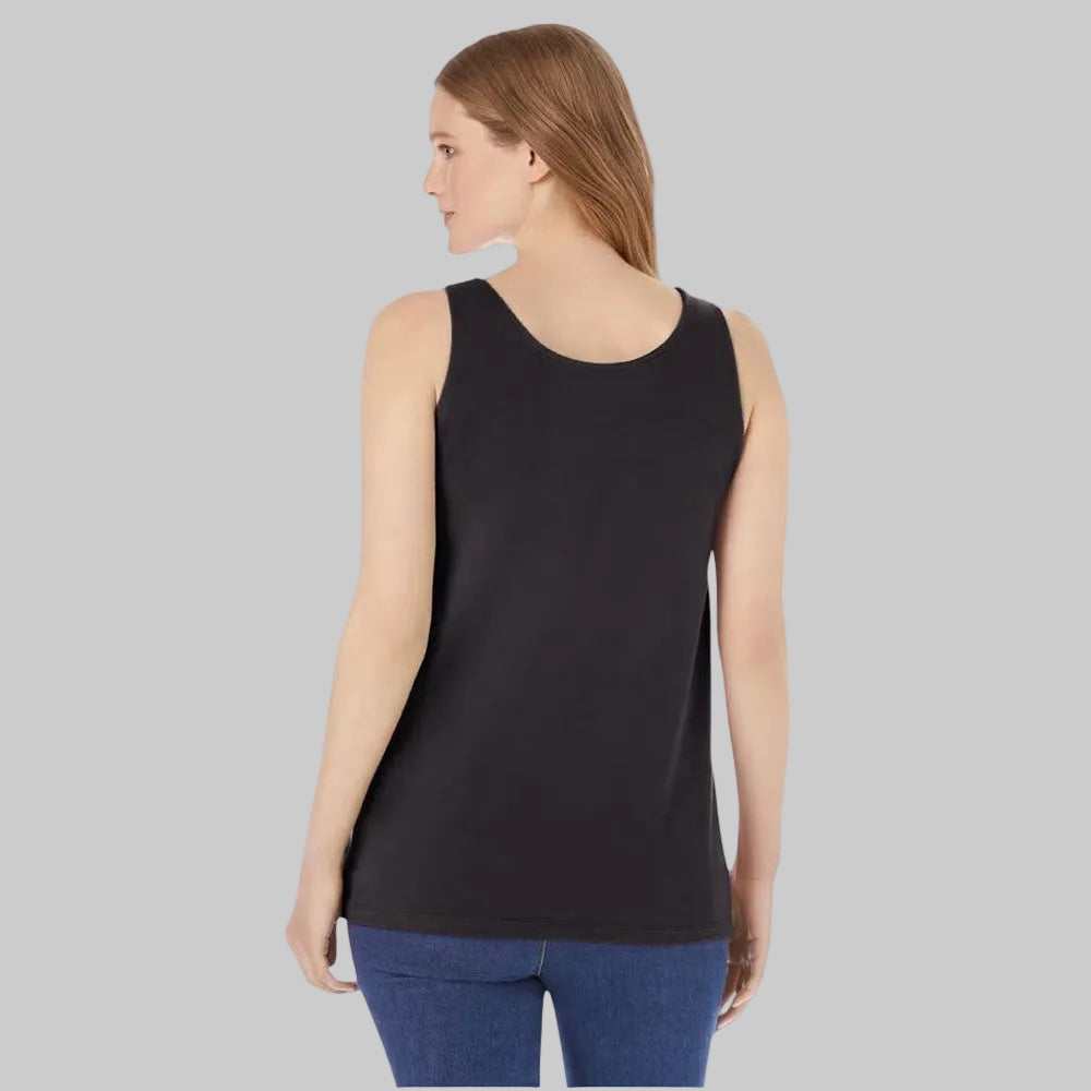 Black Scoop Neck Tank made from soft cotton-blend fabric with a sleeveless design and flattering scoop neckline for everyday comfort