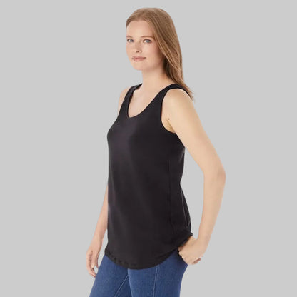 Black Scoop Neck Tank made from soft cotton-blend fabric with a sleeveless design and flattering scoop neckline for everyday comfort