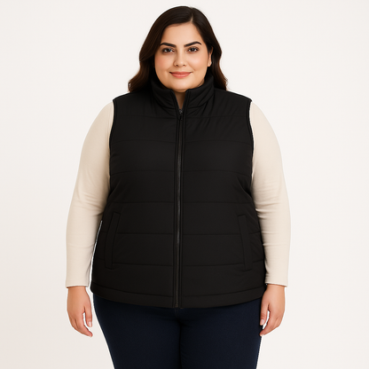Plus size Pakistani female model wearing sleeveless puffer vest with quilted padded panels and welt pockets – casual outerwear