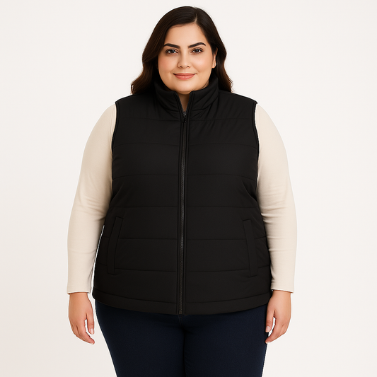 Plus size Pakistani female model wearing sleeveless puffer vest with quilted padded panels and welt pockets – casual outerwear