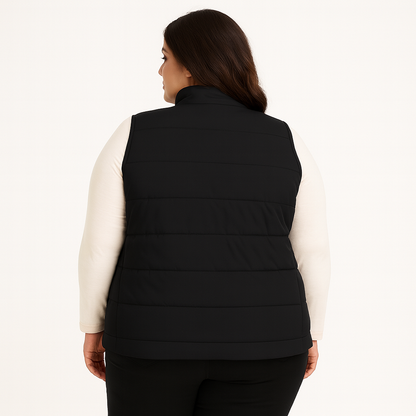 Plus size Pakistani female model wearing sleeveless puffer vest with quilted padded panels and welt pockets – casual outerwear