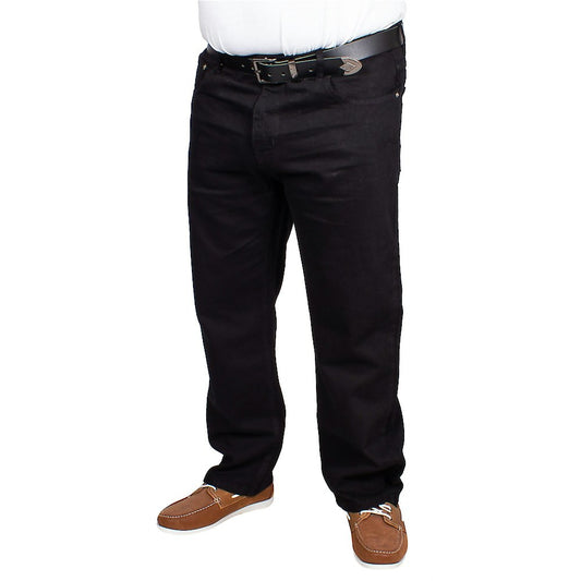""Men’s black stretch regular fit denim jeans with straight-leg design, zip fly, button closure, and 7 reinforced belt loops for secure hold."