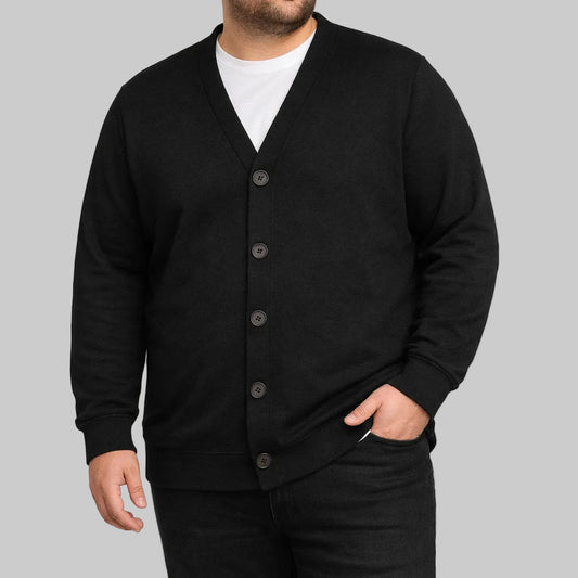 Black supersoft V-neck cardigan for big and tall men with button front, ribbed cuffs, and relaxed fit shown in studio image