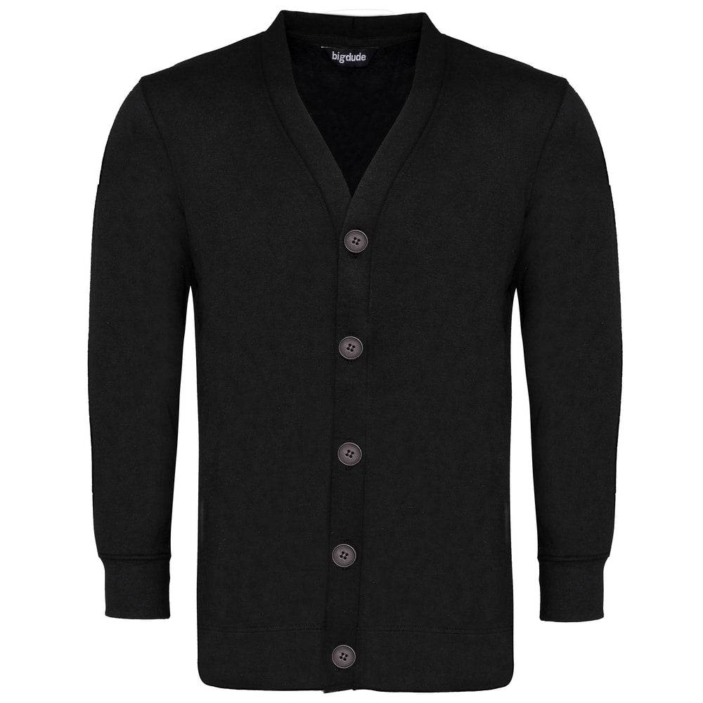 Black supersoft V-neck cardigan for big and tall men with button front, ribbed cuffs, and relaxed fit shown in studio image
