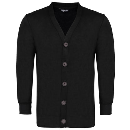 Black supersoft V-neck cardigan for big and tall men with button front, ribbed cuffs, and relaxed fit shown in studio image