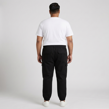 Black Twill Cotton Plus-Size Cargo Joggers PSM-9554