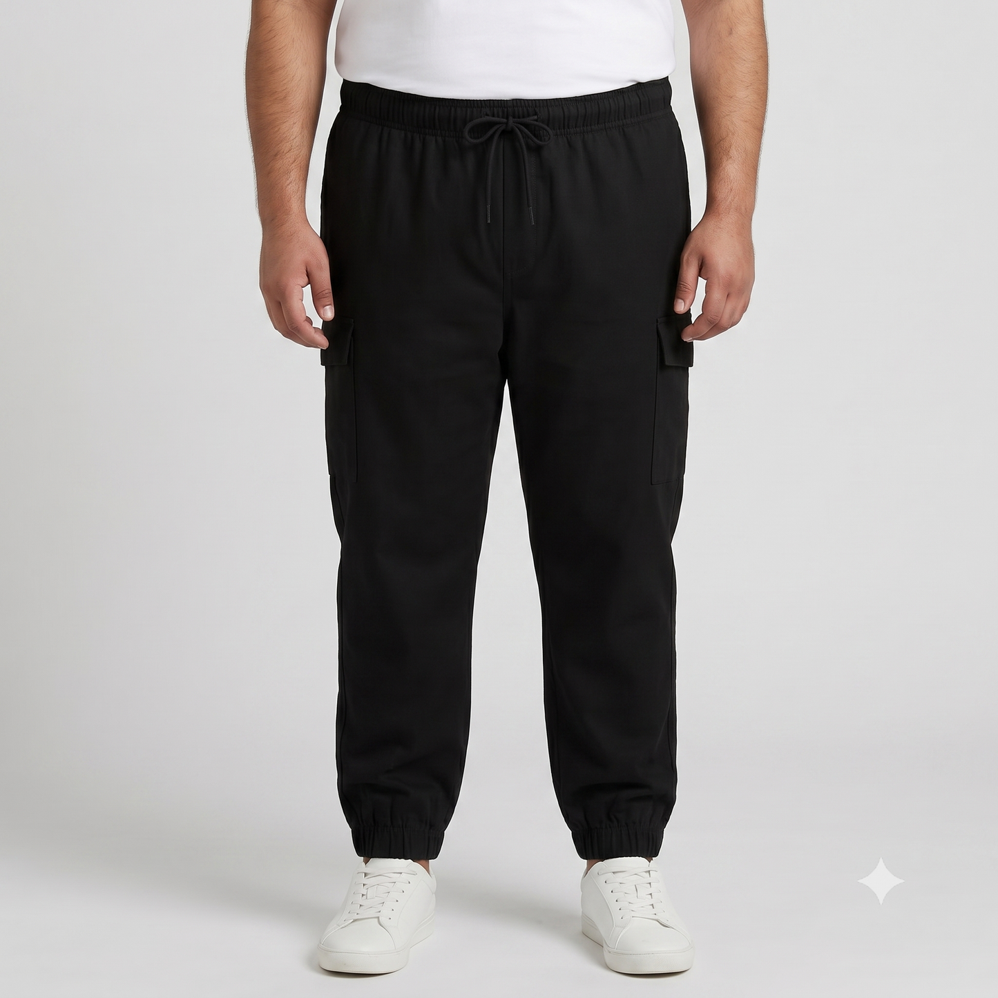 Black Twill Cotton Plus-Size Cargo Joggers PSM-9554