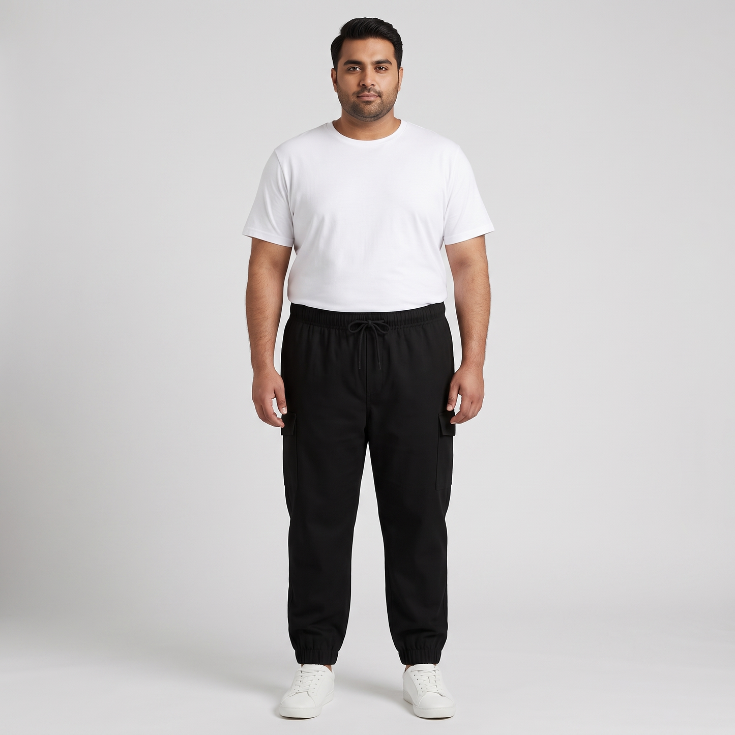 Black Twill Cotton Plus-Size Cargo Joggers PSM-9554