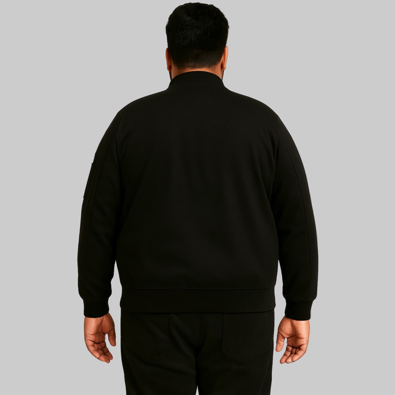 Men’s black full-zip lined mid-length jacket, regular fit, front view.