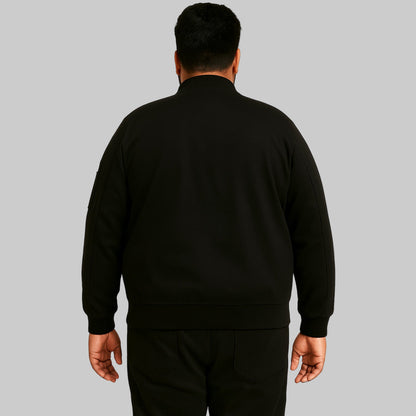 Men’s black full-zip lined mid-length jacket, regular fit, front view.